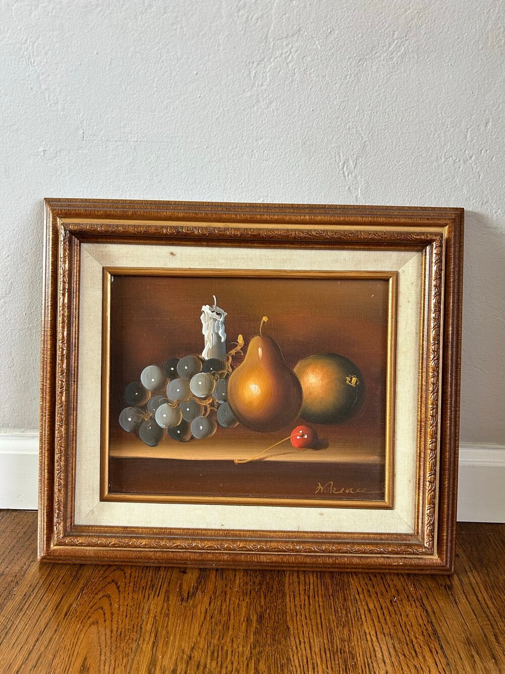 Vintage Still Life Oil Painting, Pear, Grapes & Candle, Framed, Signed